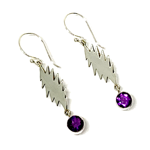 13 Point Bolt Earrings Cast In Sterling Silver with Round Faceted Amethyst Stone Drops