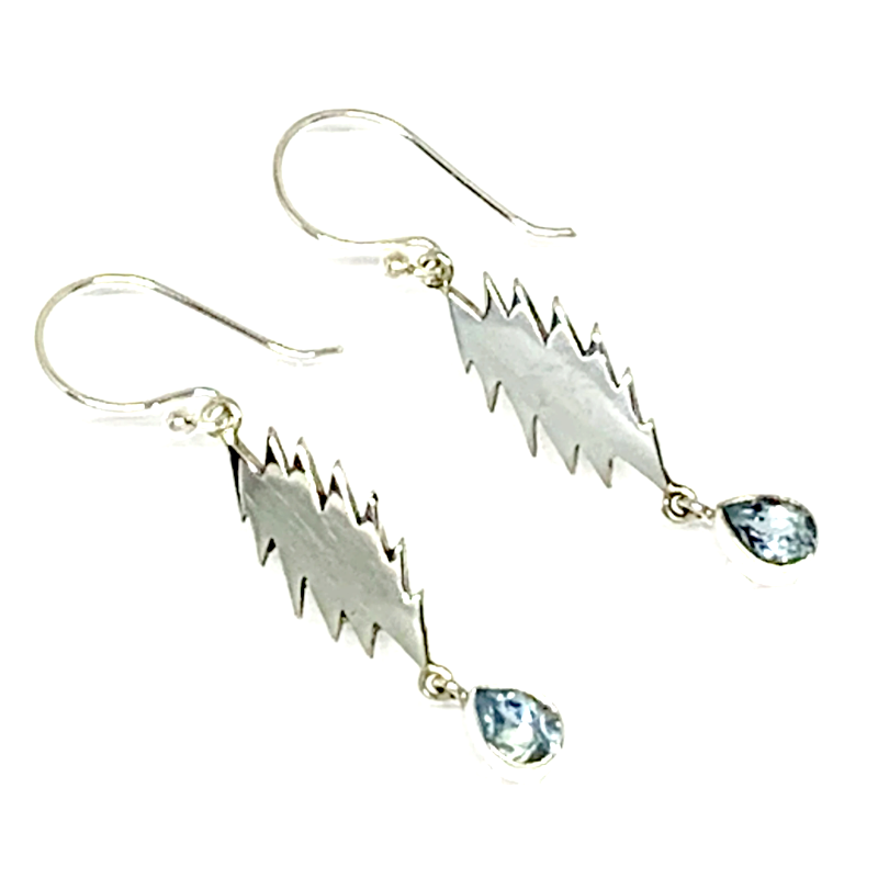 13 Point Bolt Earrings Cast In Sterling Silver with Faceted Blue Topaz Stone Drops