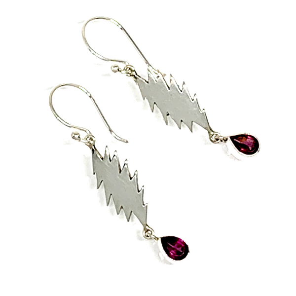 13 Point Bolt Earrings Cast In Sterling Silver with Faceted Garnet Stone Drops