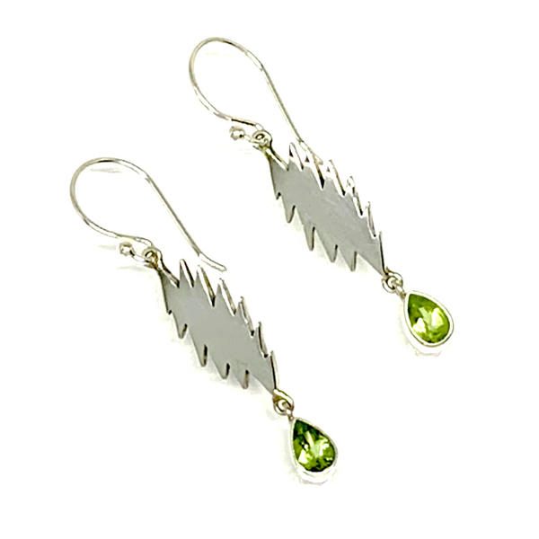 13 Point Bolt Earrings Cast In Sterling Silver with Faceted Peridot Stone Drops