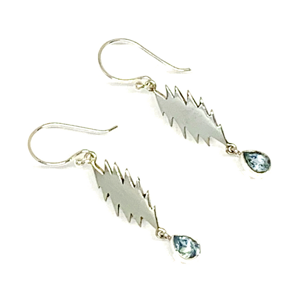 13 Point Bolt Earrings Cast In Sterling Silver with Faceted Blue Topaz Stone Drops