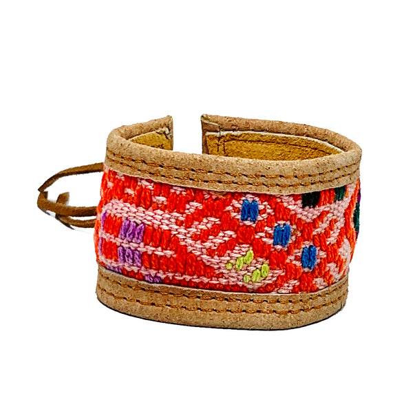 Red Geometric Pattern Huipil and Leather Cuff Bracelet