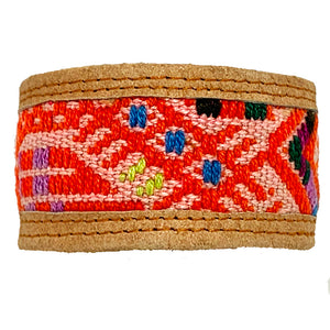 Red Geometric Pattern Huipil and Leather Cuff Bracelet