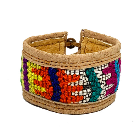 Rainbow Abstract Pattern Huipil and Leather Cuff Bracelet