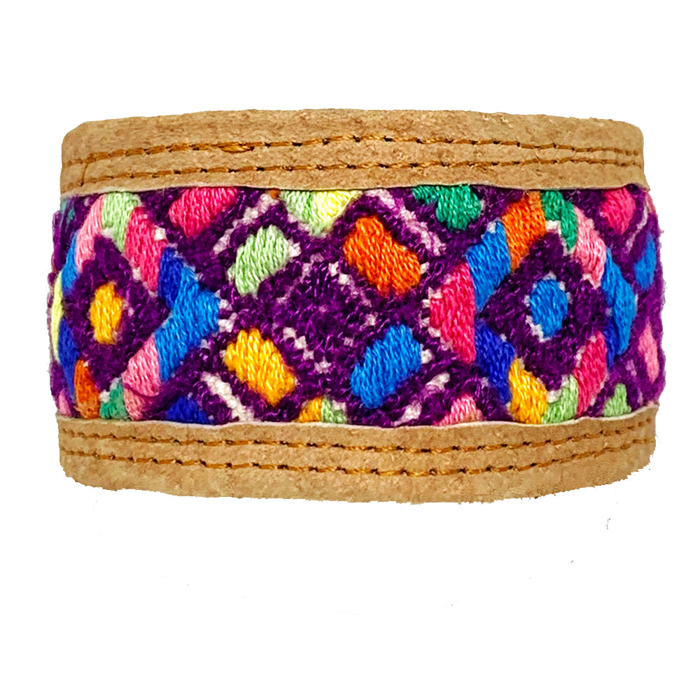 Vintage Purple Geometric Huipil and Leather Cuff Bracelet