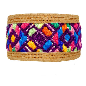 Vintage Purple Geometric Huipil and Leather Cuff Bracelet