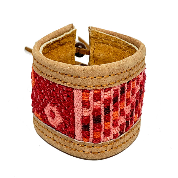 Red & Pink Huipil and Leather Cuff Bracelet