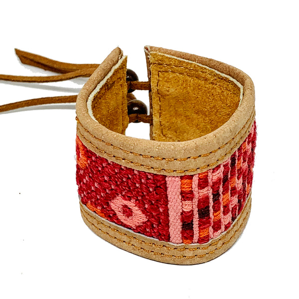 Red & Pink Huipil and Leather Cuff Bracelet
