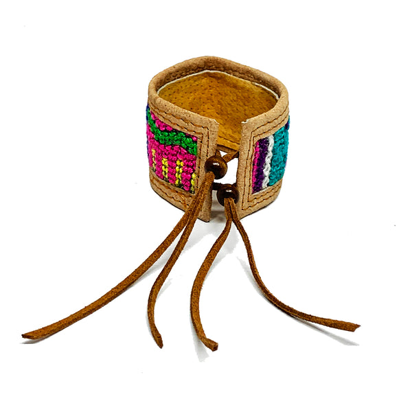 Colorful Patterned Huipil and Leather Cuff Bracelet