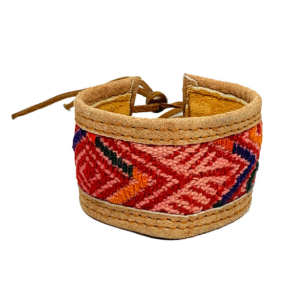 Pink & Red Geometric Pattern Huipil and Leather Cuff Bracelet