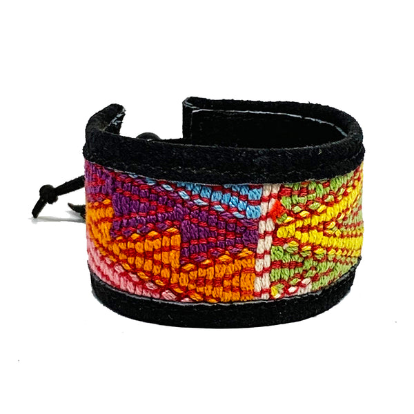 Colorful Pattern Huipil and Black Leather Cuff Bracelet