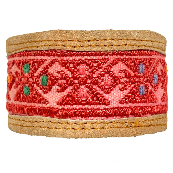 Red Bird Pattern Huipil and Leather Cuff Bracelet