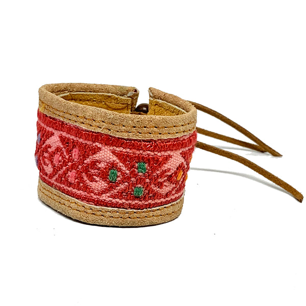 Red Bird Pattern Huipil and Leather Cuff Bracelet