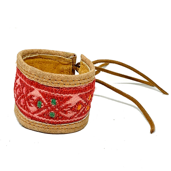 Red Bird Pattern Huipil and Leather Cuff Bracelet