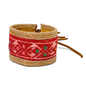 Red Bird Pattern Huipil and Leather Cuff Bracelet