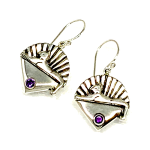 Cats Earrings Cast In Sterling Silver with Faceted Amethyst Stones