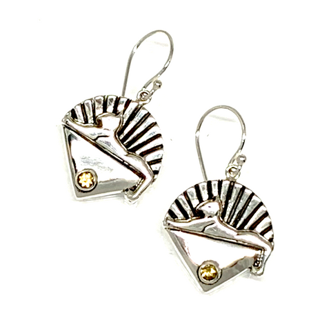 Cats Earrings Cast In Sterling Silver with Faceted Citrine Stones