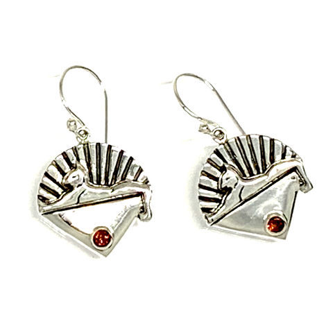 Cats Earrings Cast In Sterling Silver with Faceted Garnet Stones