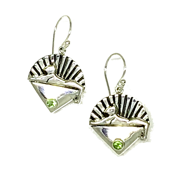 Cats Earrings Cast In Sterling Silver with Peridot Stones