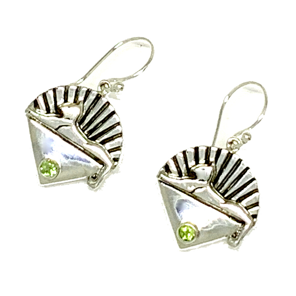 Cats Earrings Cast In Sterling Silver with Peridot Stones