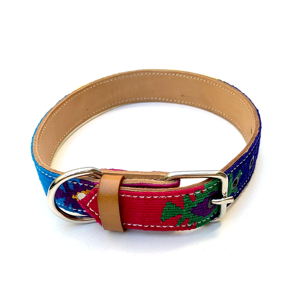 Colorful Hand Woven Cotton & Leather Dog Collar - Large