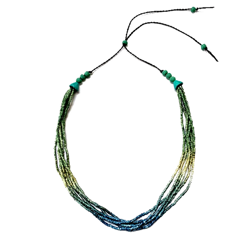 Ombre Green, Gold to Blue Ceramic Bead 6 Strand Adjustable Choker Necklace