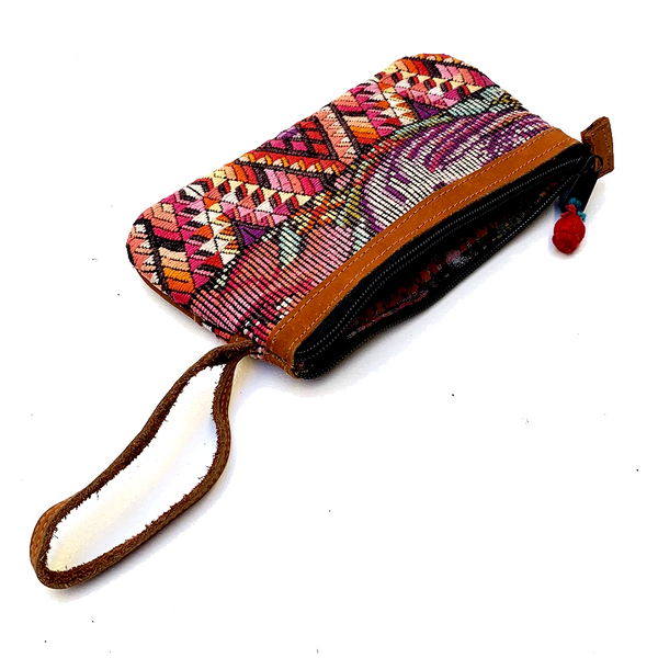 Bold Geometric Vintage Huipil Fabric & Leather Clutch with Wrist Strap #2