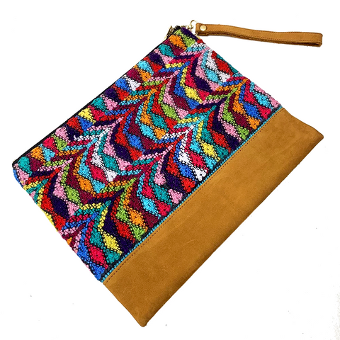 Large Multi Colored Vintage Huipil Fabric & Leather Bag with Removable Wrist Strap