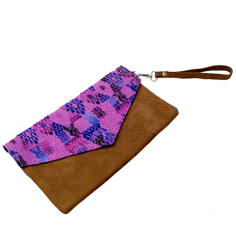 Large Purple Vintage Huipil Fabric & Leather Clutch with Removable Wrist Strap
