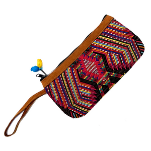 Bold Geometric Vintage Huipil Fabric & Leather Clutch with Wrist Strap #3