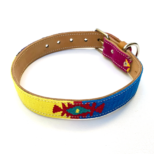 Colorful Hand Woven Cotton & Leather Dog Collar - Large