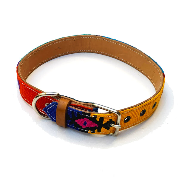 Colorful Hand Woven Cotton & Leather Dog Collar - XL