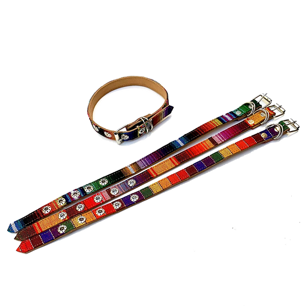 Colorful Hand Woven Cotton & Leather Dog Collar - Small & XS