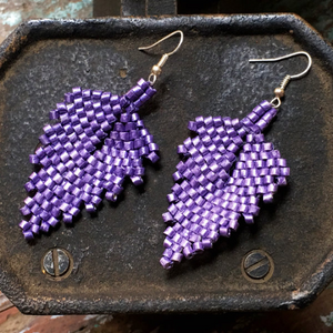 Handmade Purple Ceramic Beaded Leaf Earrings