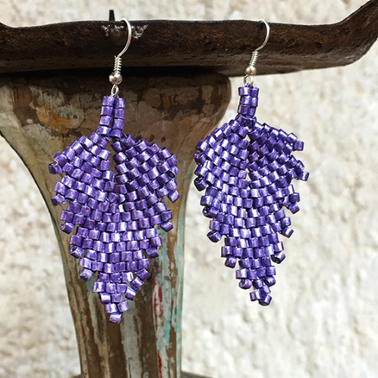 Handmade Purple Ceramic Beaded Leaf Earrings