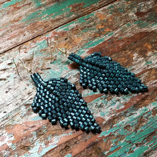 Handmade Dark Teal Ceramic Beaded Leaf Earrings