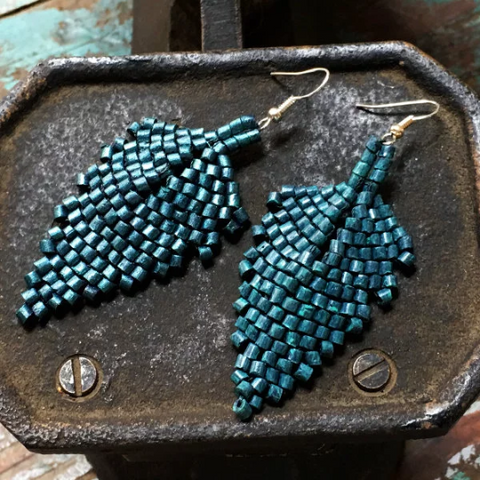 Handmade Dark Teal Ceramic Beaded Leaf Earrings