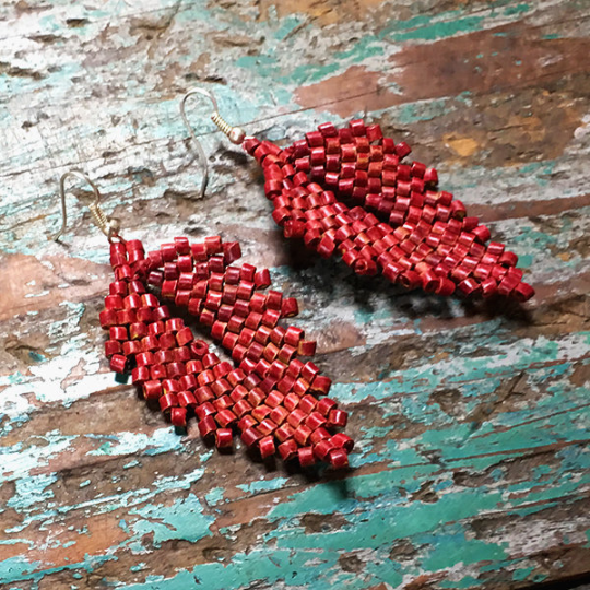 Dark Red Ceramic Beaded Leaf Earrings