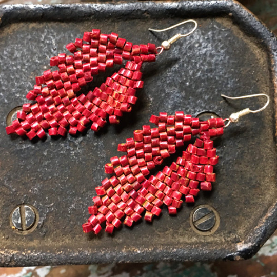 Dark Red Ceramic Beaded Leaf Earrings