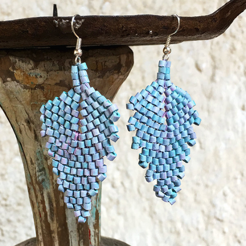 Handmade Faded Blue with Pink Ceramic Beaded Leaf Earrings