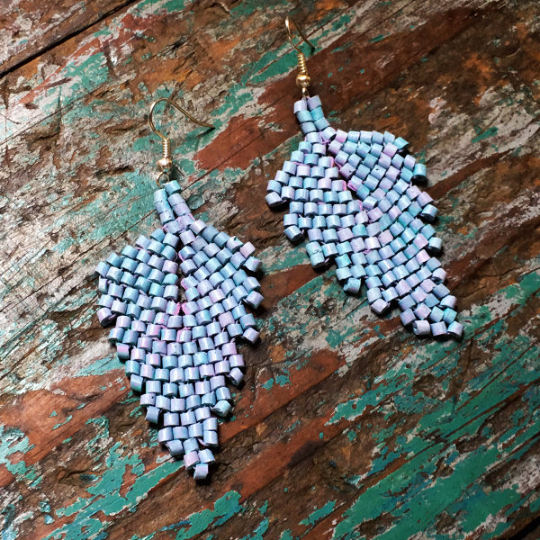 Handmade Faded Blue with Pink Ceramic Beaded Leaf Earrings