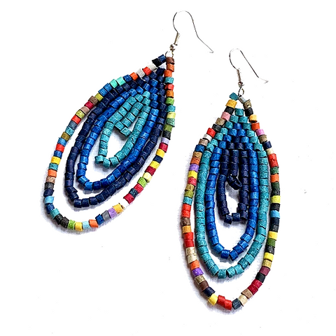 Small Blue and Multi Color Ceramic Beaded Hoop Fringe Earrings