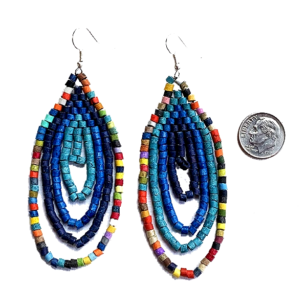 Small Blue and Multi Color Ceramic Beaded Hoop Fringe Earrings