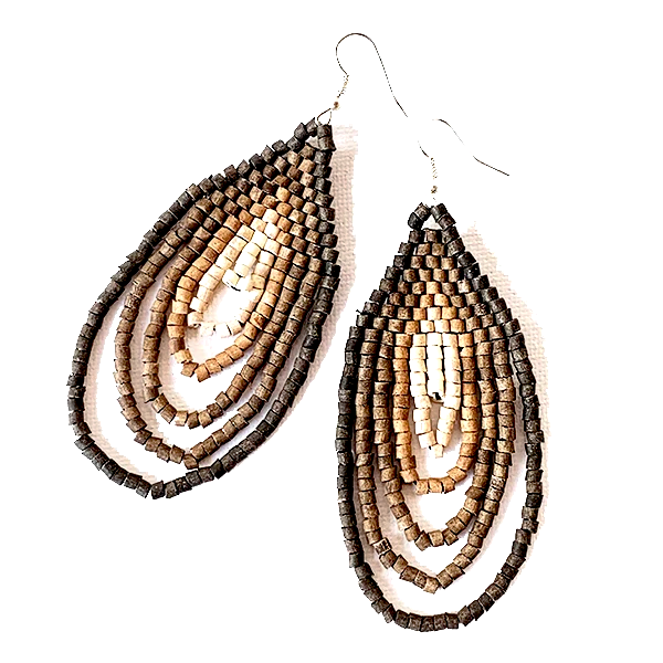 Large Charcoal, Brown to Cream Ombre Ceramic Beaded Hoop Fringe Earrings