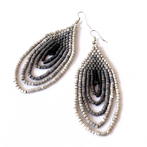 Large Silver, Grey to Charcoal Ombre Ceramic Beaded Hoop Fringe Earrings