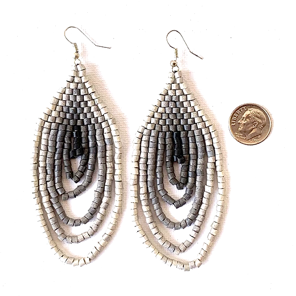 Large Silver, Grey to Charcoal Ombre Ceramic Beaded Hoop Fringe Earrings