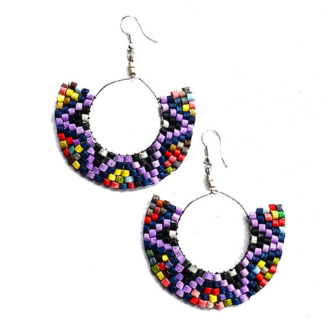 Purple & Black Multi Color Beaded Wire Wrapped Hoop Earrings