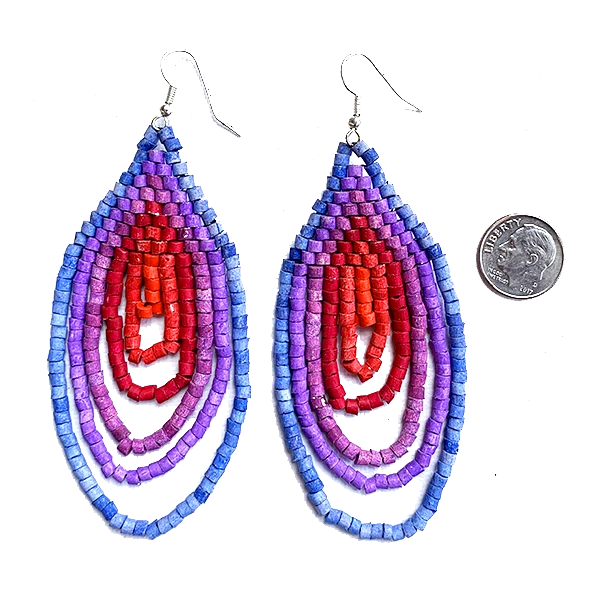 Large Blue, Purple & Red Ceramic Beaded Hoop Fringe Earrings