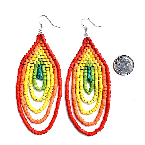 Large Red Rainbow Ceramic Beaded Hoop Fringe Earrings