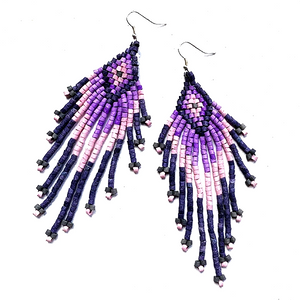Indigo, Purple & Pink Beaded 13 Fringe Earrings - 5"